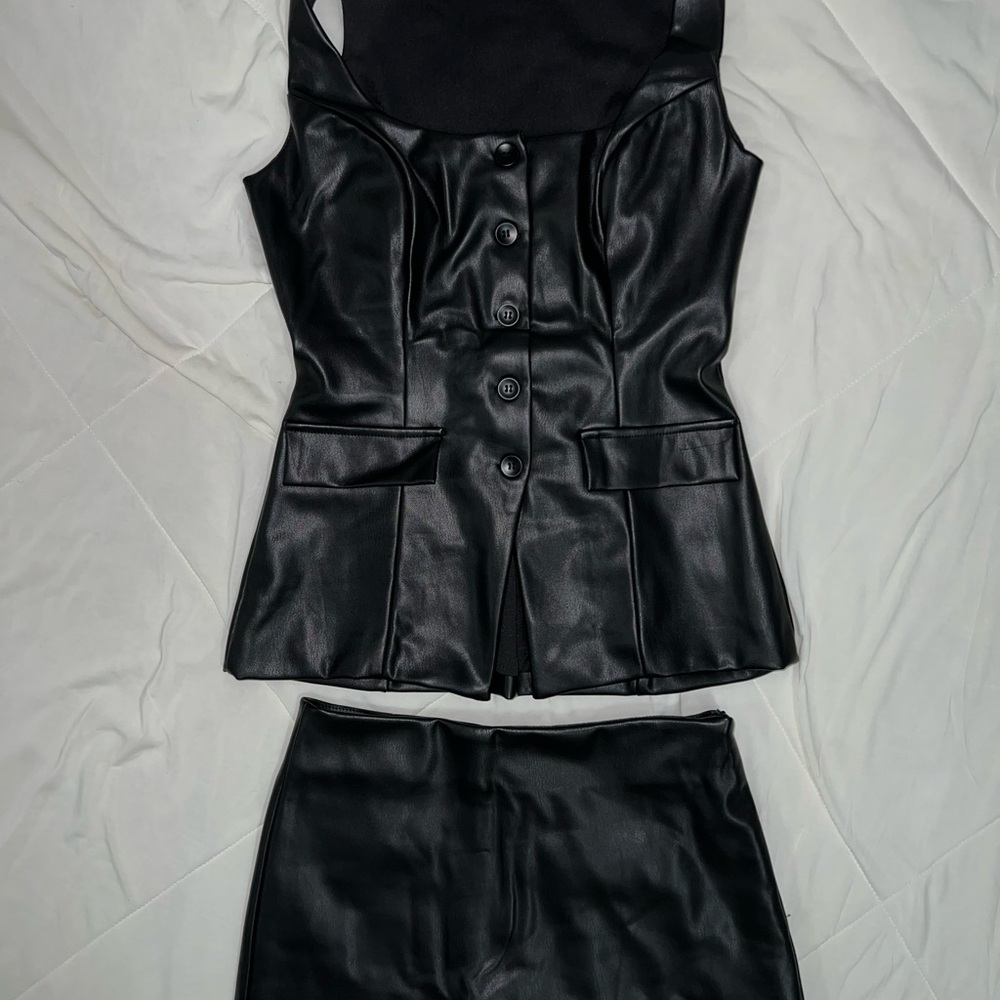 Black Faux Leather Vest and Skort set